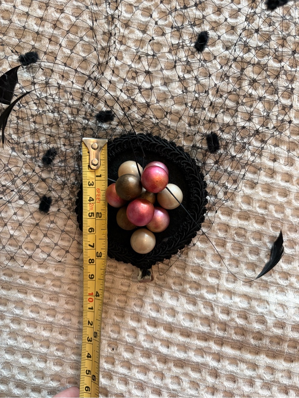 Black Veiled Fascinator with Feathers and Pink Pearl Accents - Picture 9 of 12